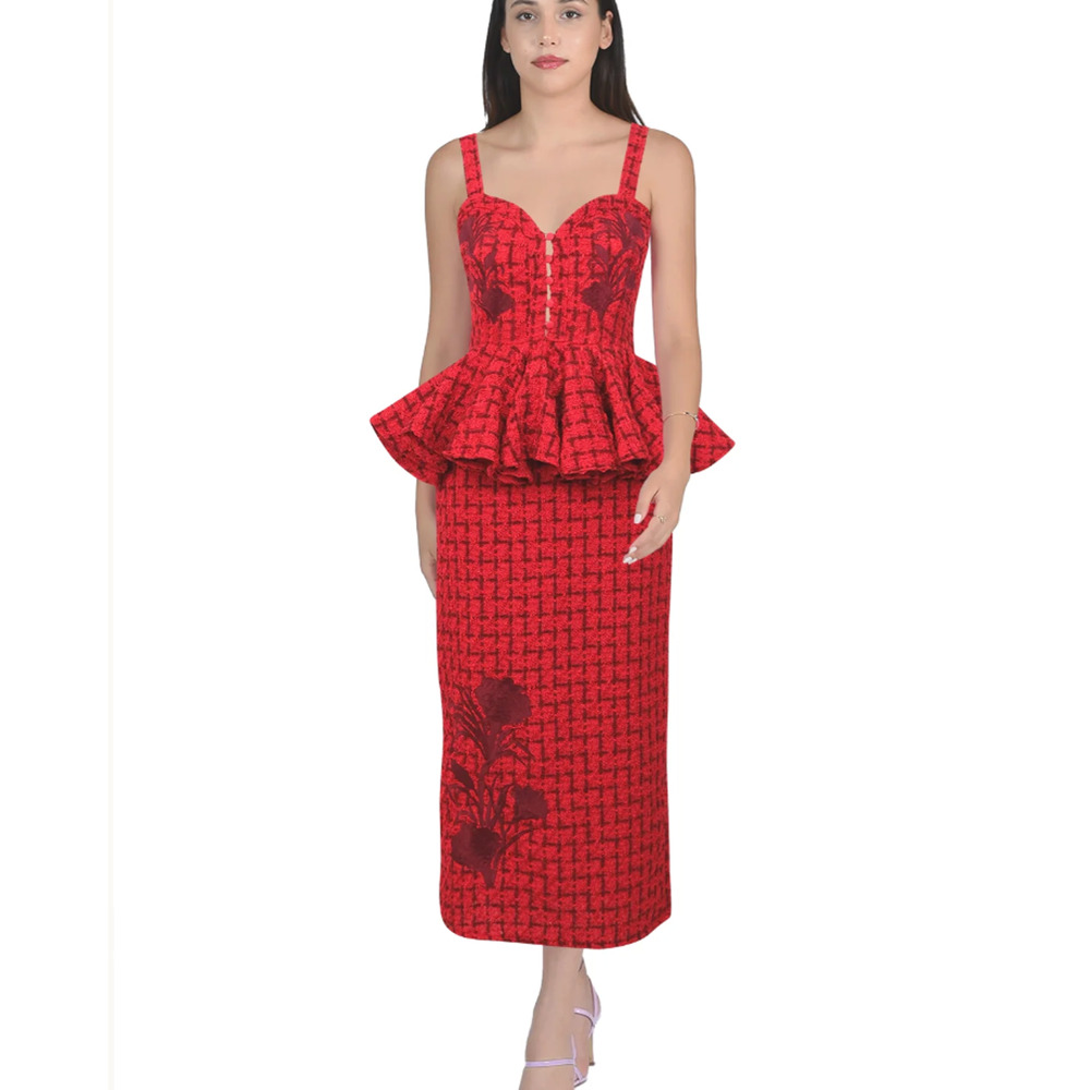 $429 Fanm Mon GULIA Corset Peplum Embroidered Tweed Midi Dress | Red Sz XL NWT